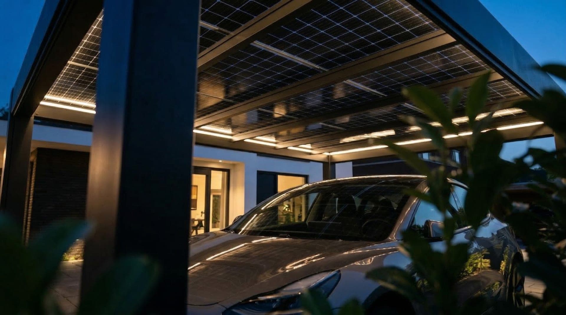 Carportstructuur in avondlicht