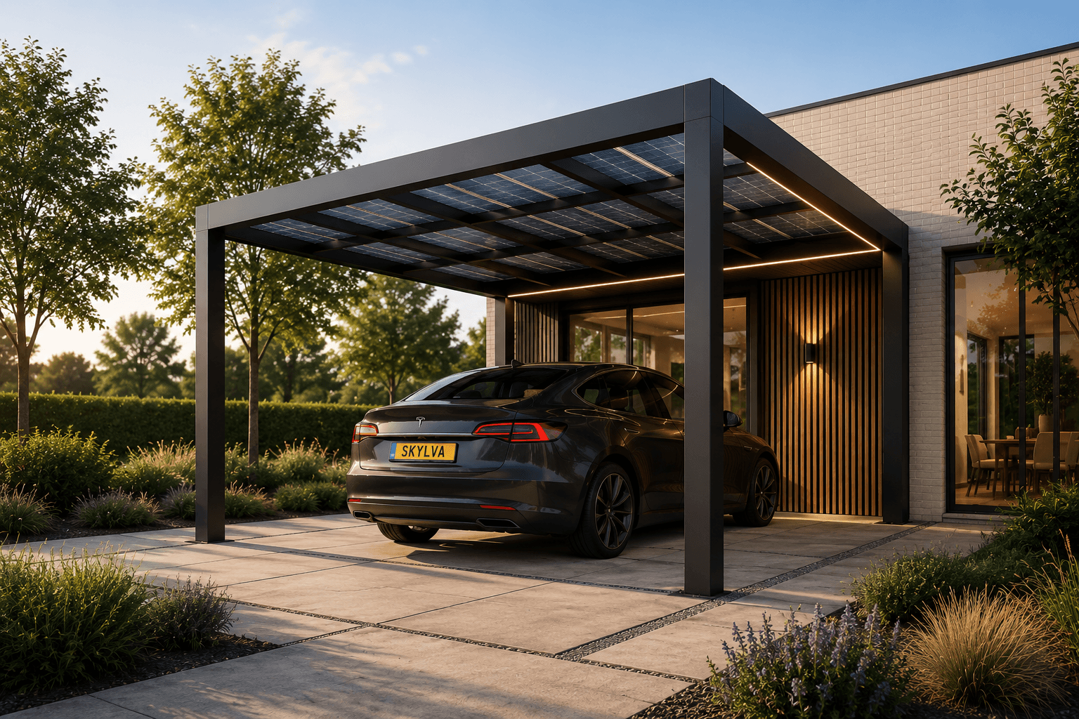Productvisualisatie van een donkere Skylva solar carport bij een moderne woning